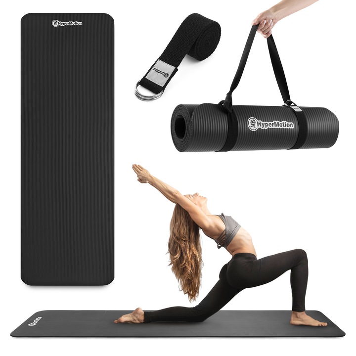 NBP постелка за фитнес и йога с многофункционална лента за упражнения и носене - 183 x 61 x 0, 8 см HyperMotion - черен цвят