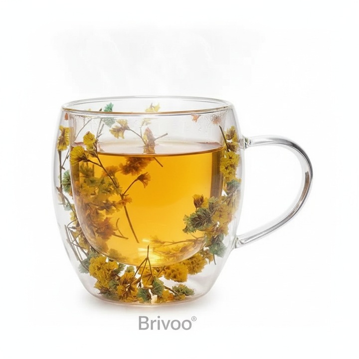 Cana Termoizolanta Brivoo®, Perete Dublu din Sticla Borosilicata, Design Elegant cu Flori Uscate, Rezistenta la Soc Termic, 350ml