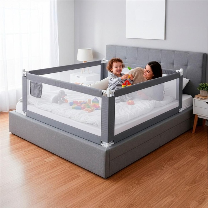Bariera de siguranta pentru pat, protectie copii, 196 cm, reglabila pe inaltime 75-95 cm, gri