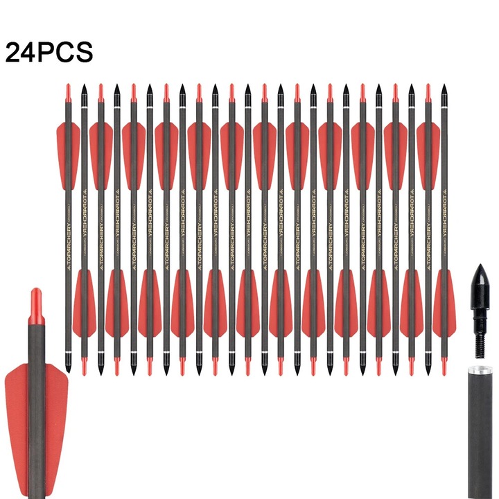 Sageti pentru arbaleta, 24 bucati, ax din carbon, varf din otel, rosu, 185x218mm