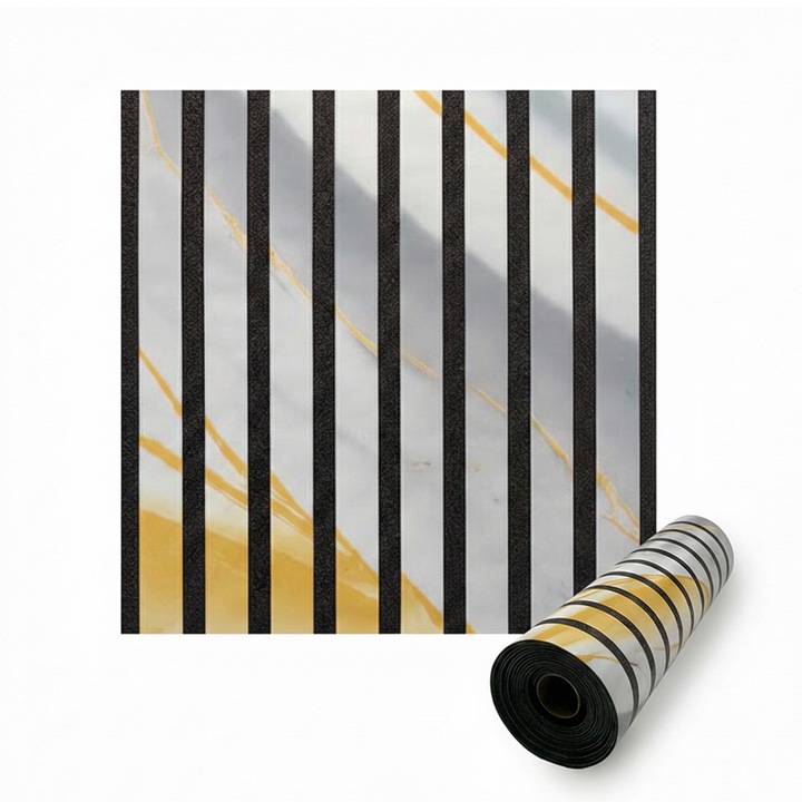 Rola Tapet autoadeziv 3D premium tip Riflaj NEXTLY, imitatie Marmura Gri Aurie, rezistent la apa, spuma moale si pvc, 5 mm grosime, adeziv puternic, 58x300cm, gri-auriu