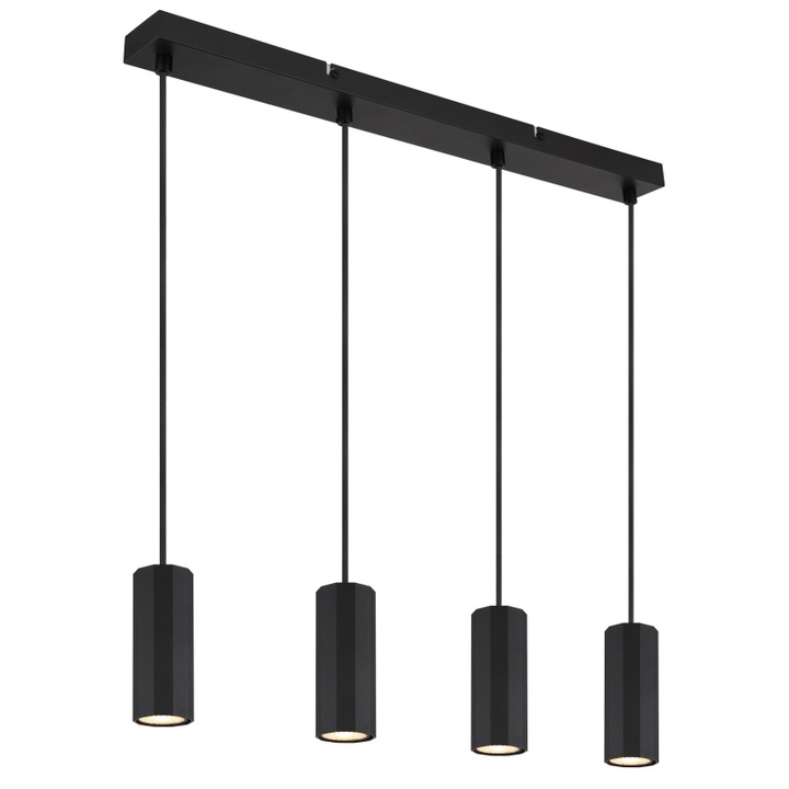 Lustră suspendată metalică, negru mat, aluminiu negru mat, cablu PVC negru, înălțime reglabilă, dimensiuni 610 x 60 x 1200 mm, fără becuri, 4 x GU10 25W, 230V