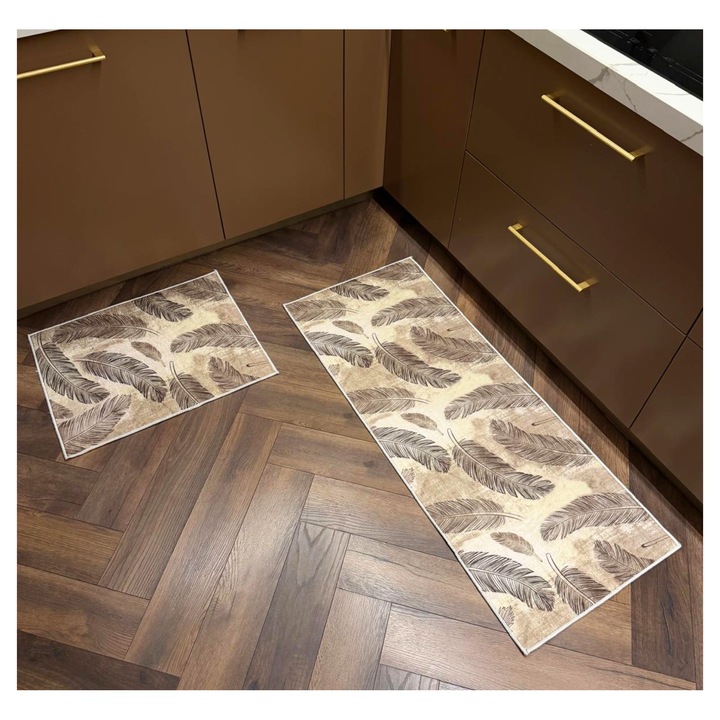 Set Covorase Bucatarie Antiderapante, 2 piese 120x50 cm si 60x50 cm, Impermeabil, Design Modern, Usor de Intretinut, Pufoase, Maro/Crem ®OPTIMDEKO