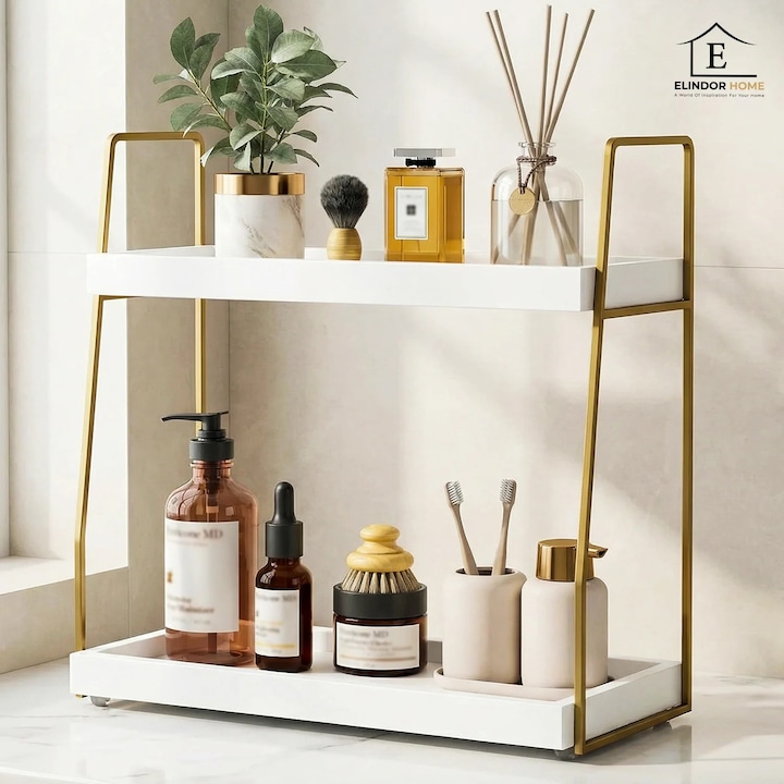 Etajera de Baie Elindor® pe 2 Niveluri, Tip Polita pe Blat, Raft de Dus, Organizator Baie sau Etajere Depozitare in Bucatarie, Suport Sapun, Rafturi de Dus, Accesorii din Lemn, 36 x 18 x 34 cm, Alb, Auriu