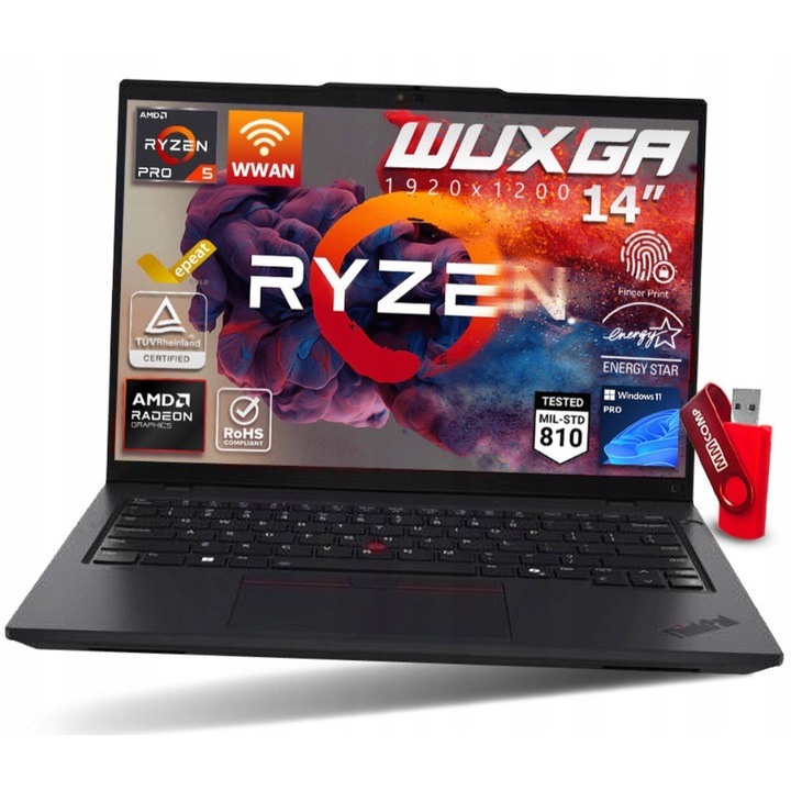 Laptop Lenovo ThinkPad L14 G5, AMD Ryzen 5 PRO 7535U, 64GB 1TB SSD, AMD Radeon 660M, 14" WUXGA 1920x1200 IPS, Windows 11 Pro