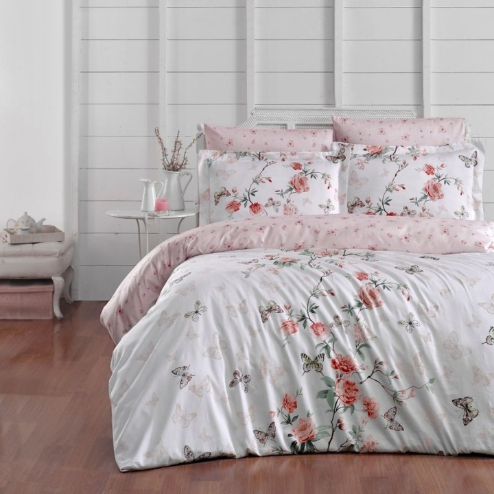 Luxus ágynemű dupla ágyra, 100% pamutszatén, lepedő 240x260 cm, 6 részes, First Choice, Matilde fehér barackvirágokkal