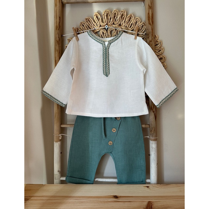 Costumas de botez Woolver, set bluza si pantaloni din in organic, verde menta, 62-68cm