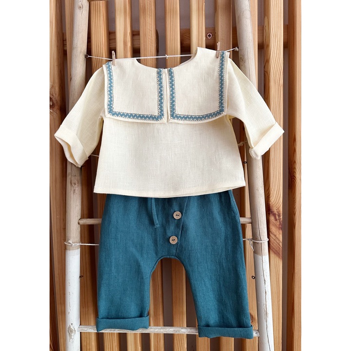 Set costumas de botez și botosei din in organic Woolver, alb și albastru deschis, 62-68 cm