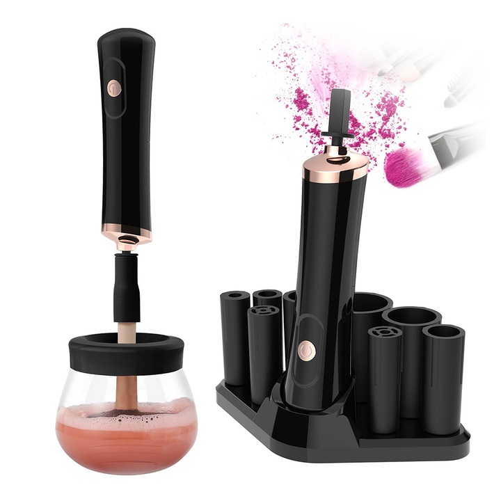 Aparat electric pentru spalat pensule de machiaj NEXTLY, curatare rapida 5-10 secunde, compatibilitate universala, 8 adaptoare diferite marimi, sistem rotativ 360°, functionare cu baterii, negru