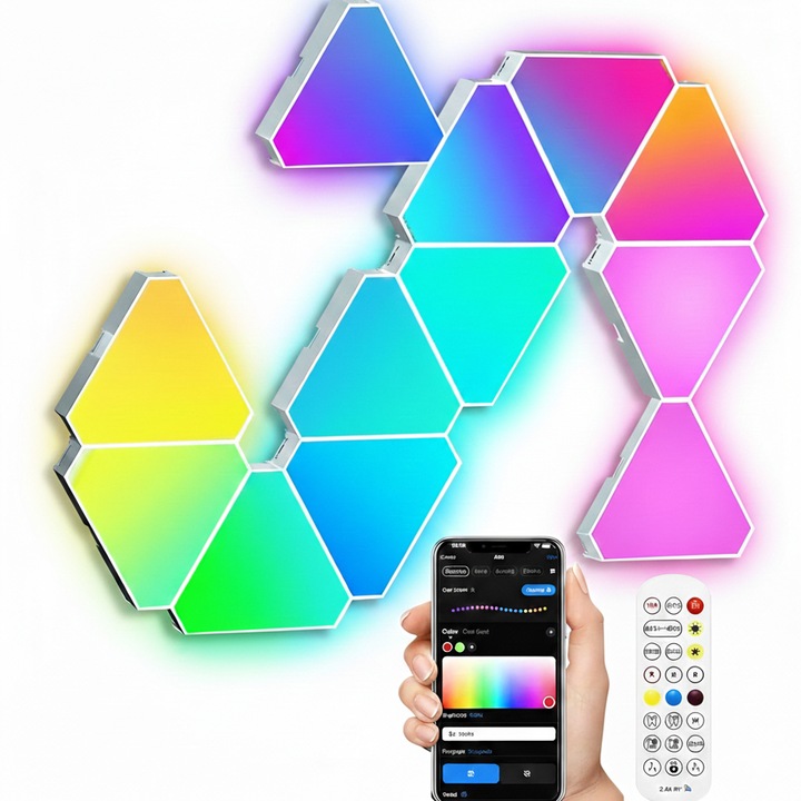 Set 3 lampi triunghiulare de perete LED RGBW NEXTLY, design modular, control din telecomanda/aplicatie, iluminare ambientala, sincronizare muzicala, timer, ajustare luminozitate/viteza, alimentare USB, 12.6x11cm, multicolor