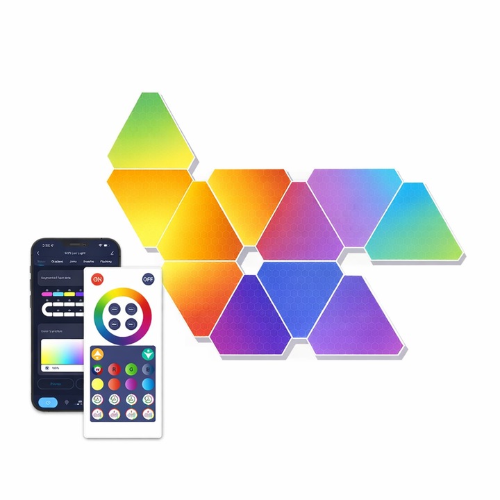 Set 6 lampi LED triunghiulare de perete LED RGB-IC NEXTLY, design modular, control din telecomanda, aplicatii Tuya/Smart Life, vocal, iluminare ambientala, sincronizare muzicala, timer, ajustare luminozitate/viteza, alimentare USB, 12.6x11cm, multicolor