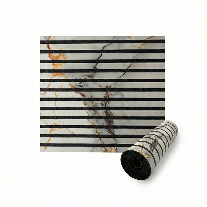 Rola Tapet autoadeziv Premium tip Riflaj NEXTLY, imitatie Marmura Alb Auriu Negru, rezistent la apa, spuma moale si pvc, 5 mm grosime, adeziv puternic, 58x300cm, auriu-alb-negru