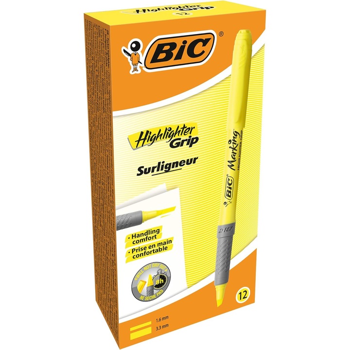 Marker BIC Highlighter, Set 12 Bucăți, Galben, Grip Texturat, Varf Lat