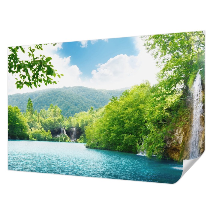 Öntapadós Tapéta Fali Dekoráció, Wallfluent, Természetes vízesés, Zöld, 104 x 70 cm, Erős Ragasztó, Modern Belsőépítészeti Dekoráció, 010170060170000000656