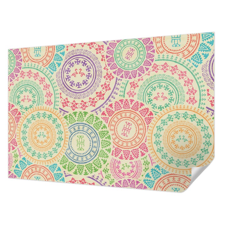 Öntapadós Tapéta Falra, Wallfluent, Színes mandalák, Bézs, 104 x 70 cm, Erős Ragasztó, Modern Belsőépítészeti Dekoráció, 010170060170000011140