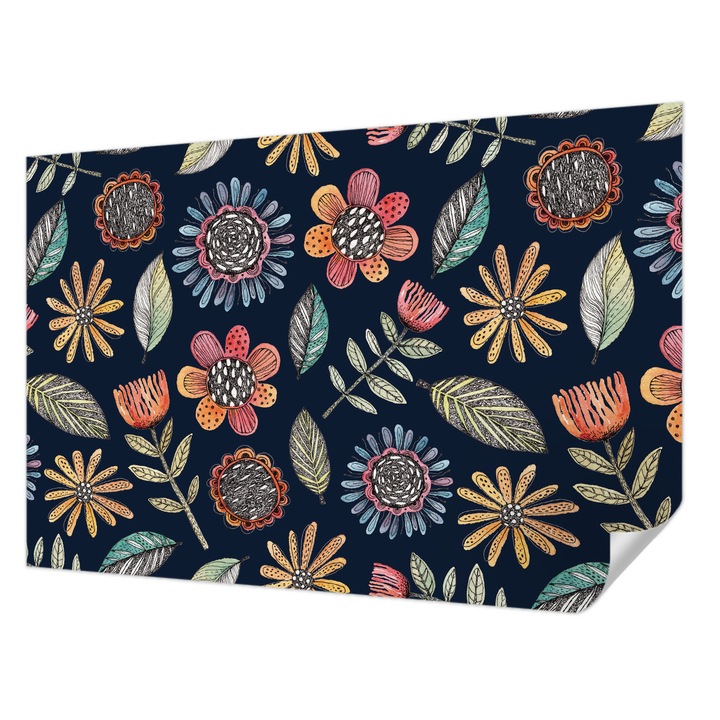 Öntapadós Dekor Tapéta, Wallfluent, Virágos mozaik, Tengerészkék, 104 x 70 cm, Előszobába, Hálószobába, 010170060170000012705