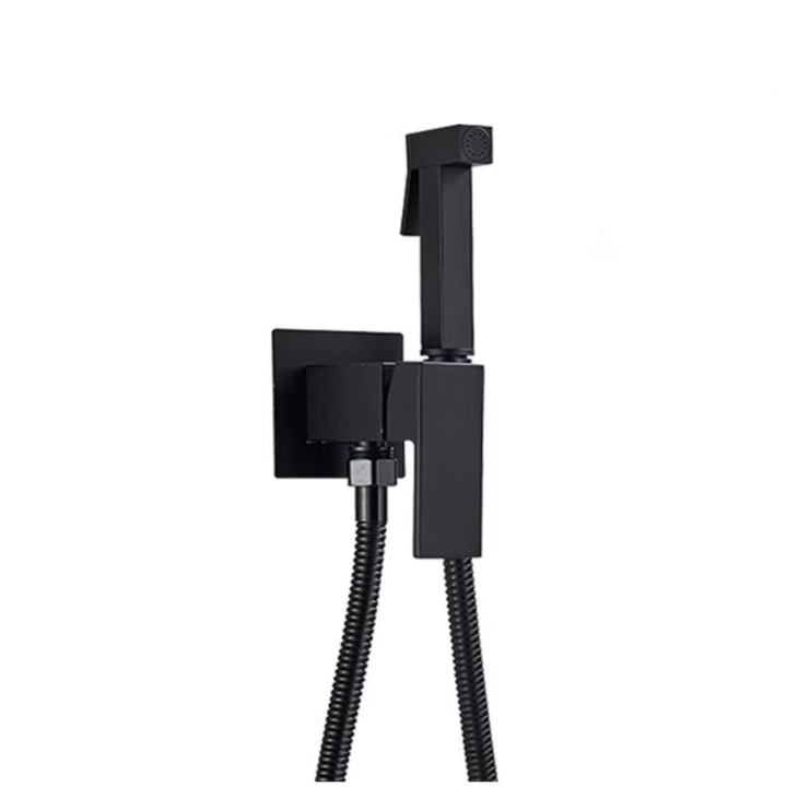 Set dus igienic pentru igiena intima negru mat, Doua cai, Apa Calda/Rece pentru bideu sau Wc, presiune reglabila, baterie incastrata, accesorii incluse