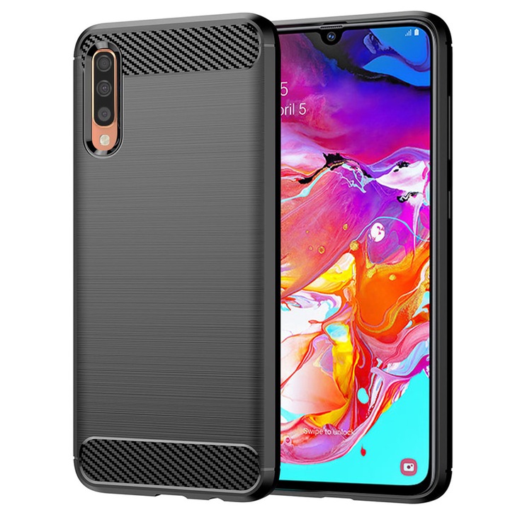 Husa Carbon pentru Samsung Galaxy A70 / A70s, Silicon TPU Durabil, Protectie sporita, Rezistenta la socuri, Grip Anti-Alunecare, Neagra