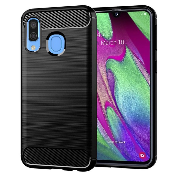 Husa Carbon pentru Samsung Galaxy A40, Silicon TPU Durabil, Protectie sporita, Rezistenta la socuri, Grip Anti-Alunecare, Neagra