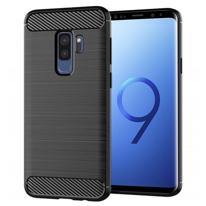 Husa Carbon pentru Samsung Galaxy S9 Plus, Silicon TPU Durabil, Protectie sporita, Rezistenta la socuri, Grip Anti-Alunecare, Neagra