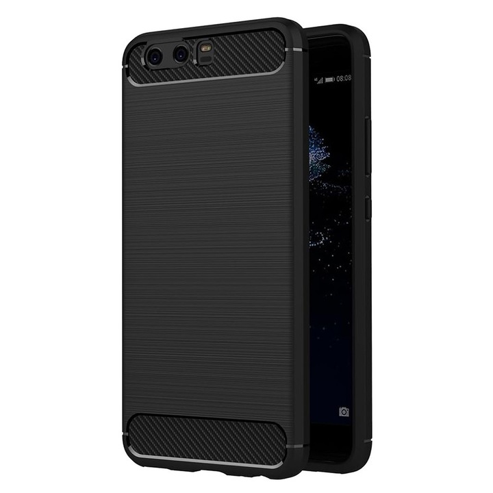 Husa Carbon pentru Huawei P10 Plus, Silicon TPU Durabil, Protectie sporita, Rezistenta la socuri, Grip Anti-Alunecare, Neagra