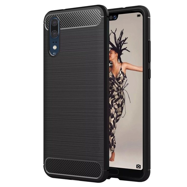 Husa Carbon pentru Huawei P20, Silicon TPU Durabil, Protectie sporita, Rezistenta la socuri, Grip Anti-Alunecare, Neagra