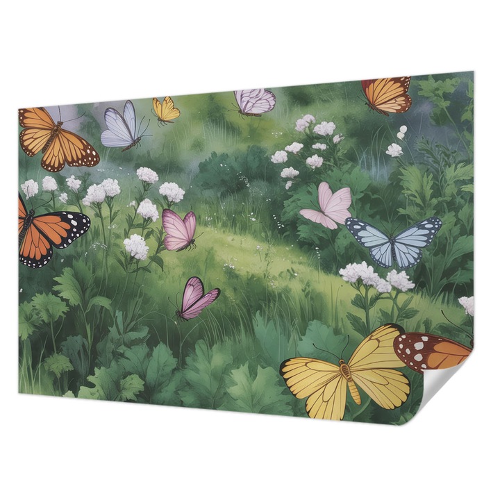 Öntapadós Tapéta Falra, Wallfluent, Pillangók a réten, Zöld, 104 x 70 cm, Könnyen Tisztítható, Nedvességálló, 010170060170000284723