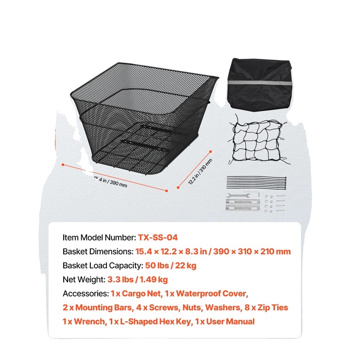 Cos pentru bicicleta, metalic, capacitate 50 lbs, dimensiuni 15.4x12.2x8.3 in, design fix