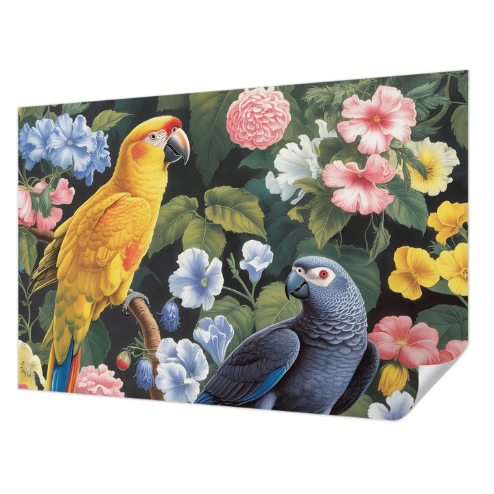 Öntapadós Tapéta Fali Dekoráció, Wallfluent, Egzotikus madarak, Sárga, 104 x 70 cm, Nappaliba, Konyhába, 010170060170000284721