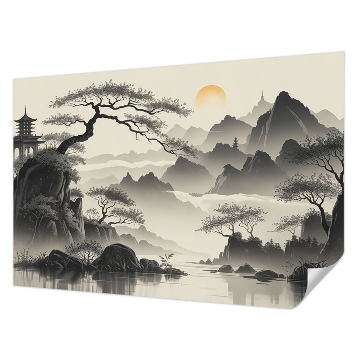 Öntapadós Fotótapéta Falra, Wallfluent, Keleti táj, Fekete és fehér, 104 x 70 cm, Előszobába, Hálószobába, 010170060170000284804