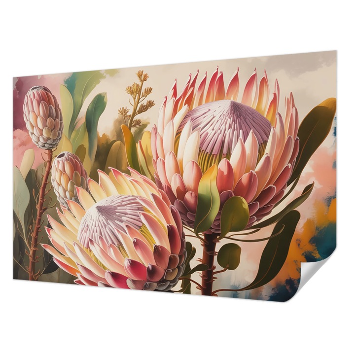 Tapet Autodeziv De Perete, Wallfluent, Flori de Protea, Roz, 104 x 70 cm, Pentru Interior, Rezistente La Apa, Umiditate Si Pete, 010170060170000284812