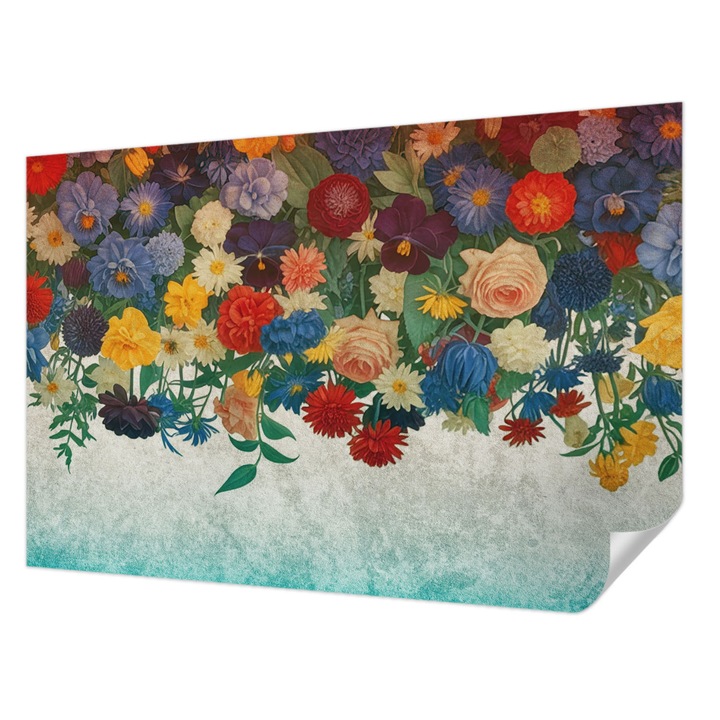 Öntapadós Tapéta Fali Dekoráció, Wallfluent, Színes virágok, Fekete, 104 x 70 cm, Erős Ragasztó, Modern Belsőépítészeti Dekoráció, 010170060170000284973