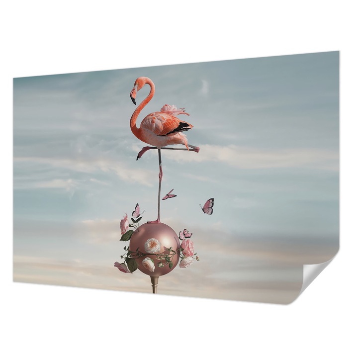 Öntapadós Dekor Tapéta, Wallfluent, Elegáns flamingó, Kék, 104 x 70 cm, Nappaliba, Konyhába, 010170060170000285170