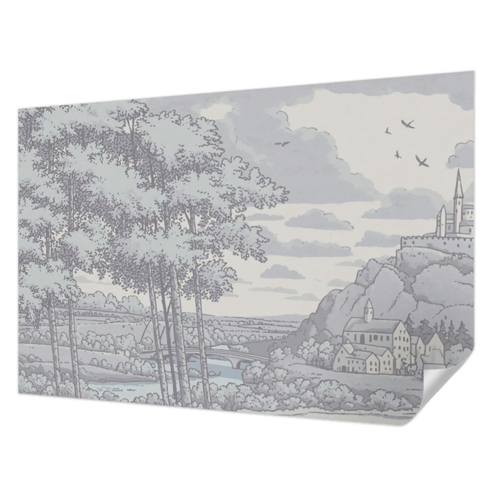 Öntapadós Tapéta Falra, Wallfluent, Mesebeli táj, Szürke, 104 x 70 cm, Fali Dekoráció, Nedvesség- És Foltálló, 010170060170000285180