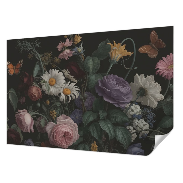 Tapet Textil Autocolant, Wallfluent, Eleganta florala, Negru, 104 x 70 cm, Detasabil, Lavabil, 010170060170000285184