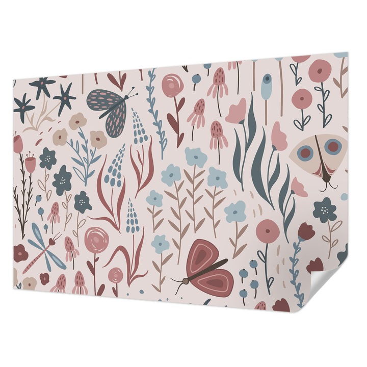 Öntapadós Dekor Tapéta, Wallfluent, Virágok rovarok, Rózsaszín, 104 x 70 cm, Modern Dizájn, Könnyen Felszerelhető És Tisztítható, 010170060170000285199