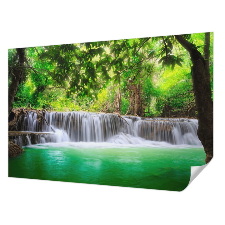 Öntapadós Tapéta Falra, Wallfluent, Erdei vízesés, Zöld, 104 x 70 cm, Előszobába, Hálószobába, 010170060170000001379