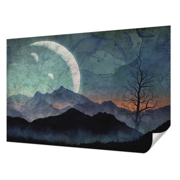 Tapet Autocolant De Perete, Wallfluent, Peisaj nocturn, Albastru, 104 x 70 cm, Pentru Interior, Usor De Curatat, 010170060170000285051