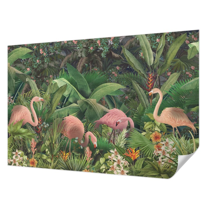 Öntapadós Dekor Tapéta, Wallfluent, Rózsaszín flamingók, Zöld, 104 x 70 cm, Nappaliba, Konyhába, 010170060170000285256