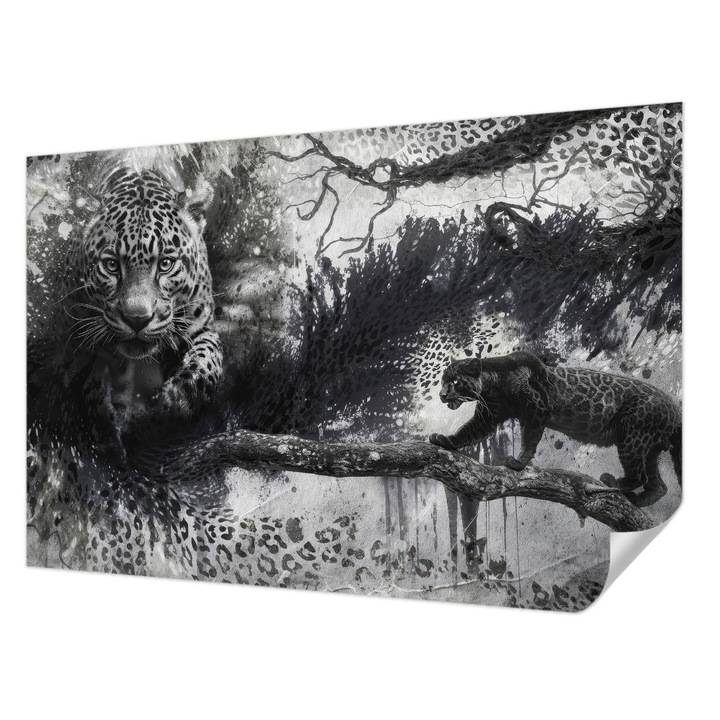 Öntapadós Fotótapéta Falra, Wallfluent, Absztrakt leopárdok, Fekete és fehér, 104 x 70 cm, Nappaliba, Konyhába, 010170060170000285279