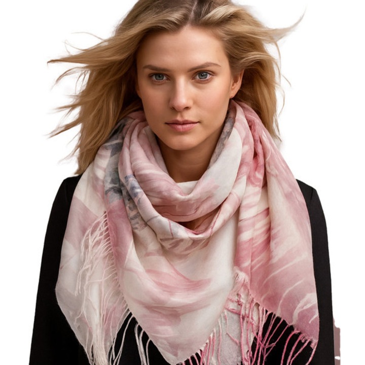 Șal patrulater multicolor cu imprimeu floral și franjuri elegante, 100x100 cm, Agrafka