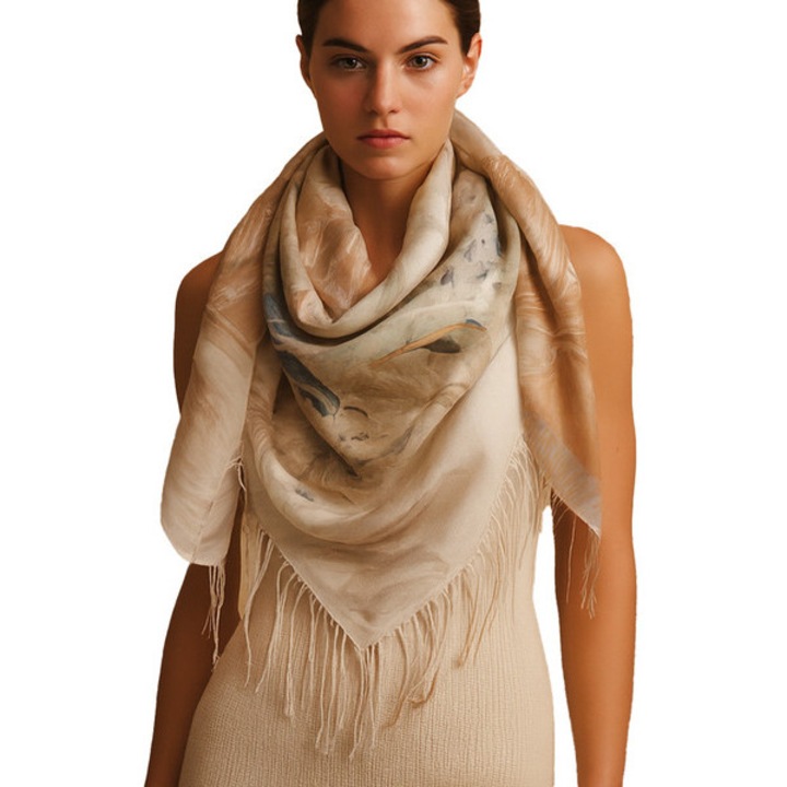 Chustă patrata multicolor, imprimeu floral, franjuri elegante, 100x100 cm