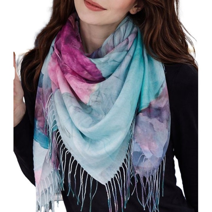 Chustă florală dama, multicolor, 100x100 cm, cu franjuri fine, poliester