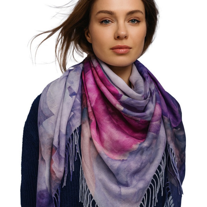 Chustă femei multicoloră, Agrafka, imprimeu floral, 100x100 cm