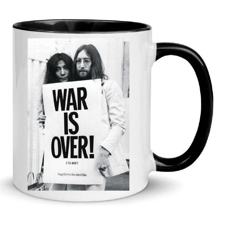 Cana John Lennon No.8 "War Is Over", ceramica premium, 330ml, alb cu negru, design elegant