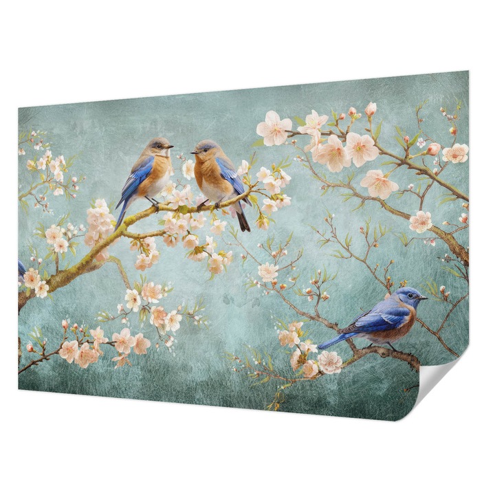 Öntapadós Tapéta Falra, Wallfluent, Tavaszi madarak, Kék, 104 x 70 cm, Modern Dizájn, Könnyen Felszerelhető És Tisztítható, 010170060170000285332