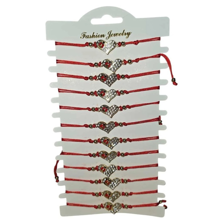 Set 12 martisoare, Tip bratara, Dimensiune reglabila, Snur rosu, Inima cu buburuza