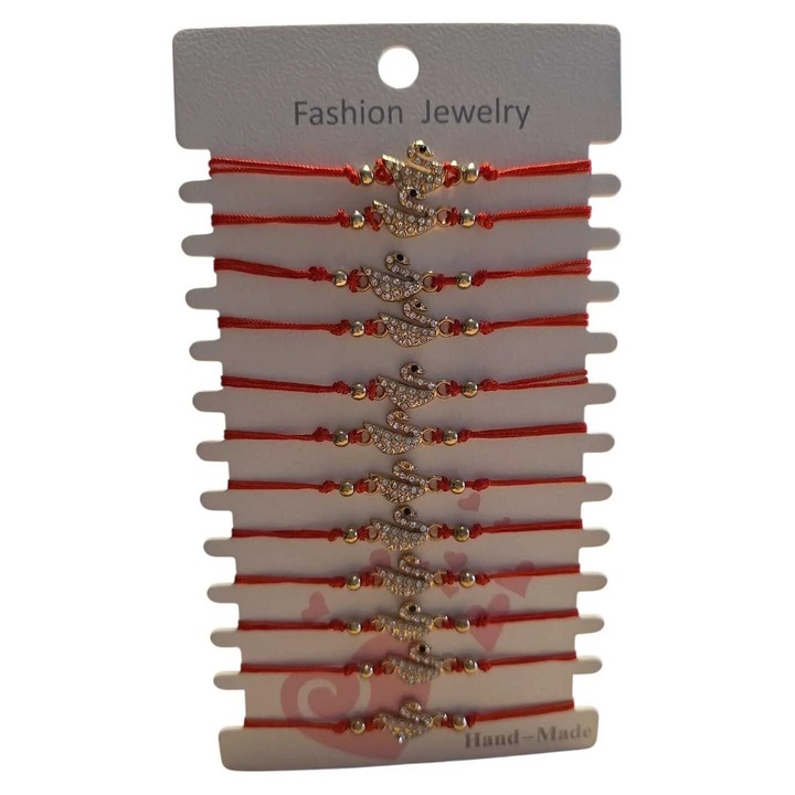 Set 12 martisoare, Tip bratara, Dimensiune reglabila, Snur rosu, Lebada