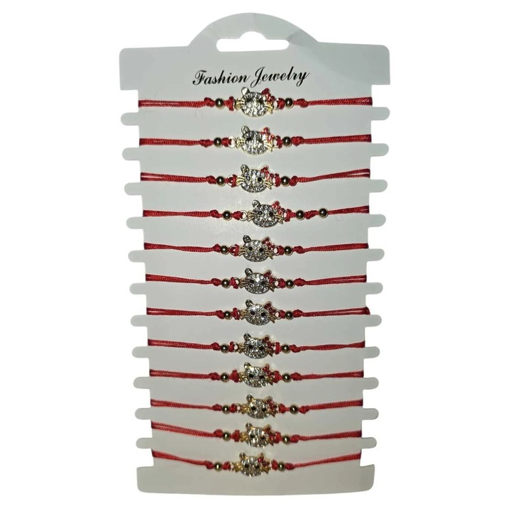 12 darab martisor szett, karkötő típusú, állítható méretű, piros zsinór, macska