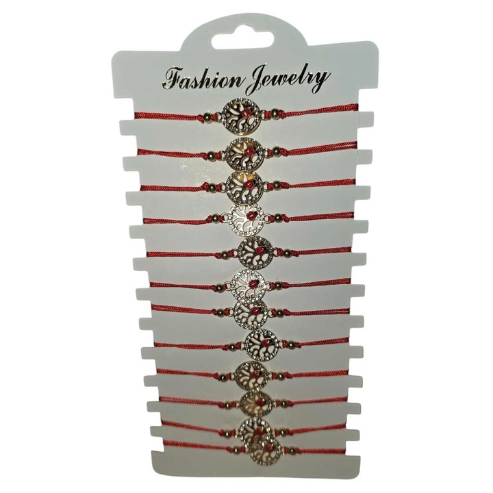 Set 12 martisoare, Tip bratara, Dimensiune reglabila, Snur rosu, Copacul vietii